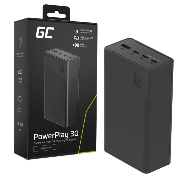 Green Cell PowerPlay 30 - černá barva powerbanka s 30, 000mAh, 22.5W, 4 porty