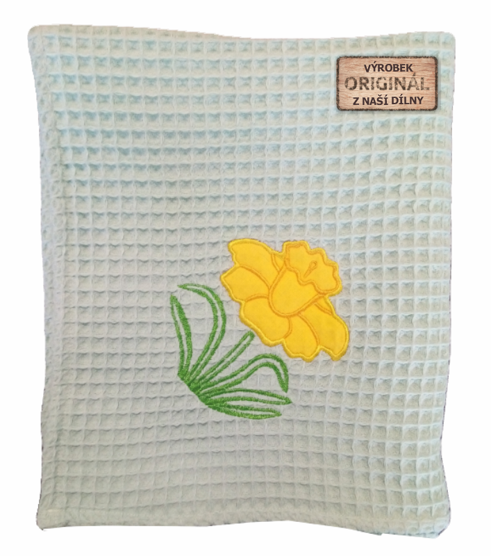 Kuchyňská utěrka vaflová zelená s aplikaci - narcis žlutý