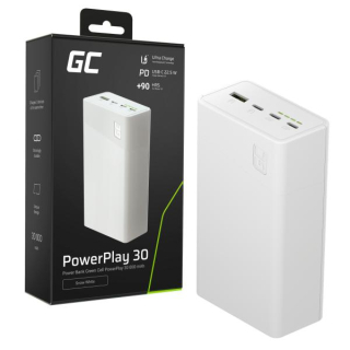 Green Cell PowerPlay 30 - bílá barva powerbanka s 30, 000mAh, 22.5W, 4 porty