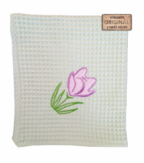 Kuchyňská utěrka vaflová zelená s aplikaci - krokus fialový